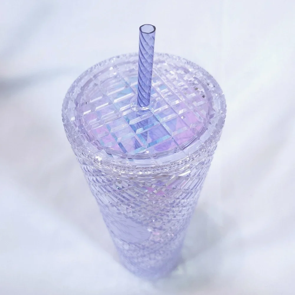 Starbucks Iridescent Faceted Grid Tumbler Cold Cup 24oz Venti Straw Lilac Purple